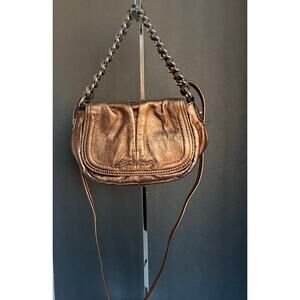 B Makowsky Leather Metallic Copper Bronze Chunky‎ Chain Crossbody Handbag Purse